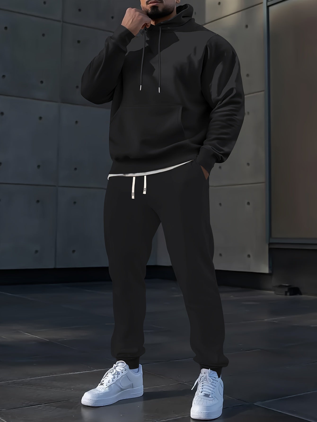 Men's Long Sleeve Hooded Sweatshirt + Threaded Sweatpants Set Spring and Autumn Solid Color Pullover Regular Long Sleeve T-shirt and Pants Belt Drawstring Casual Sports Trousers Two-piece Set
