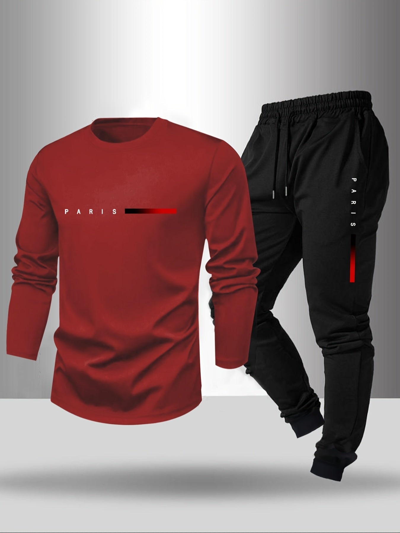 Men's Long Sleeve T-shirt and Pants Set, Spring/Autumn 2pcs set with Paris letter print round neck long sleeve T-shirt + drawstring outdoor casual sports pants set of 2