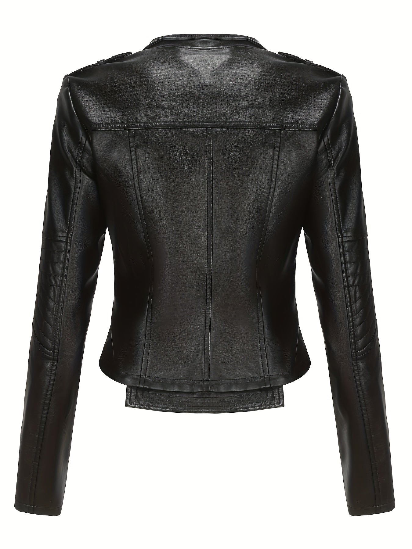 Women'S Casual Faux Leather Jacket, Solid Color, Long Sleeve, Regular Length, Fall/Winter, Zipper Placket, Woven, Non-Stretch Fabric, 100% Polyurethane, Lapel Collar, Dipped Hem Detail