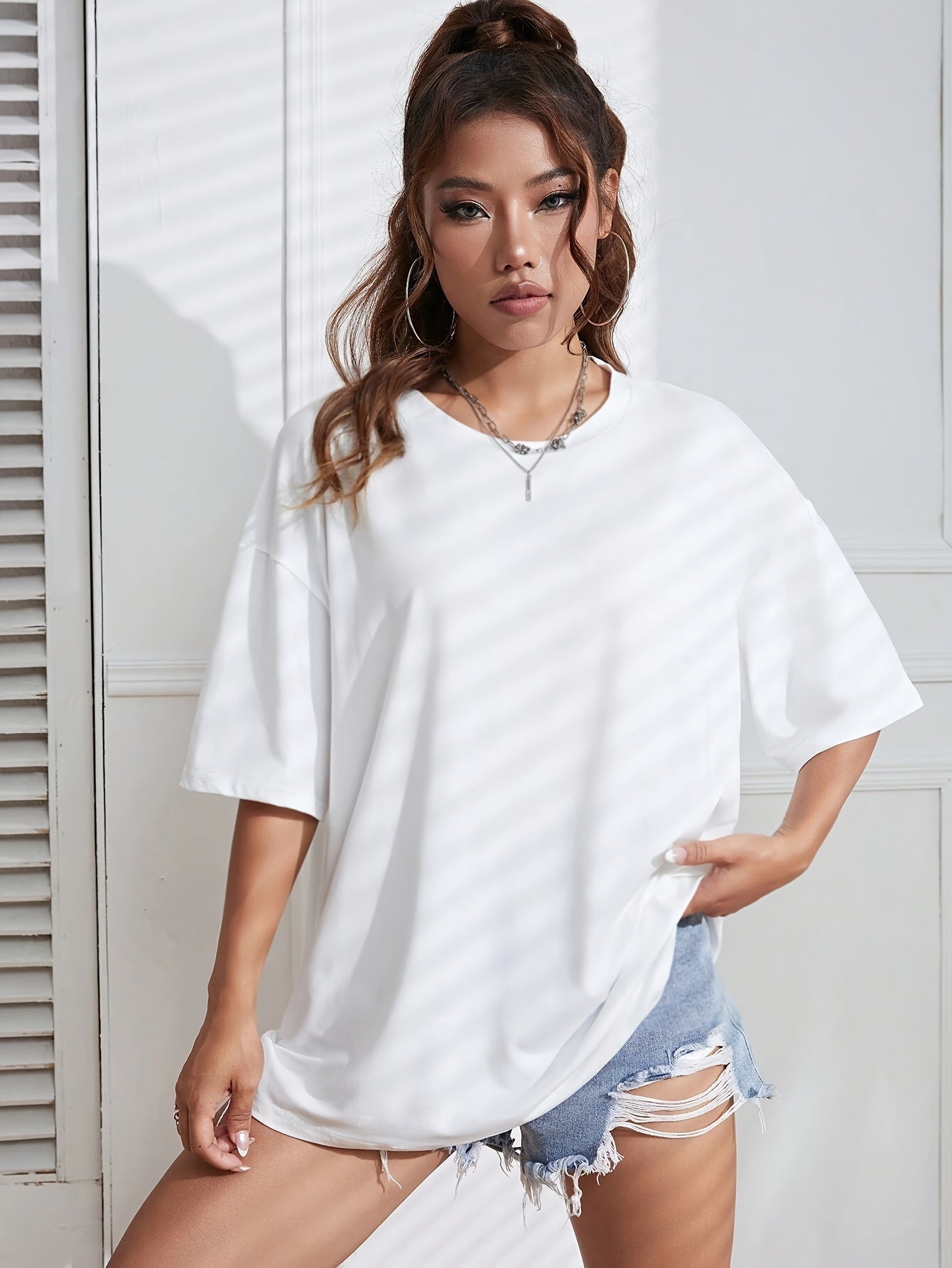 Y2K Retro American Casual Crew Neck T-Shirt, 100% Polyester Knit Fabric, Solid Color, Drop Shoulder Long Sleeve, Medium Stretch Pullover for Spring/Summer/Fall - Fashionable Loose Fit Tee