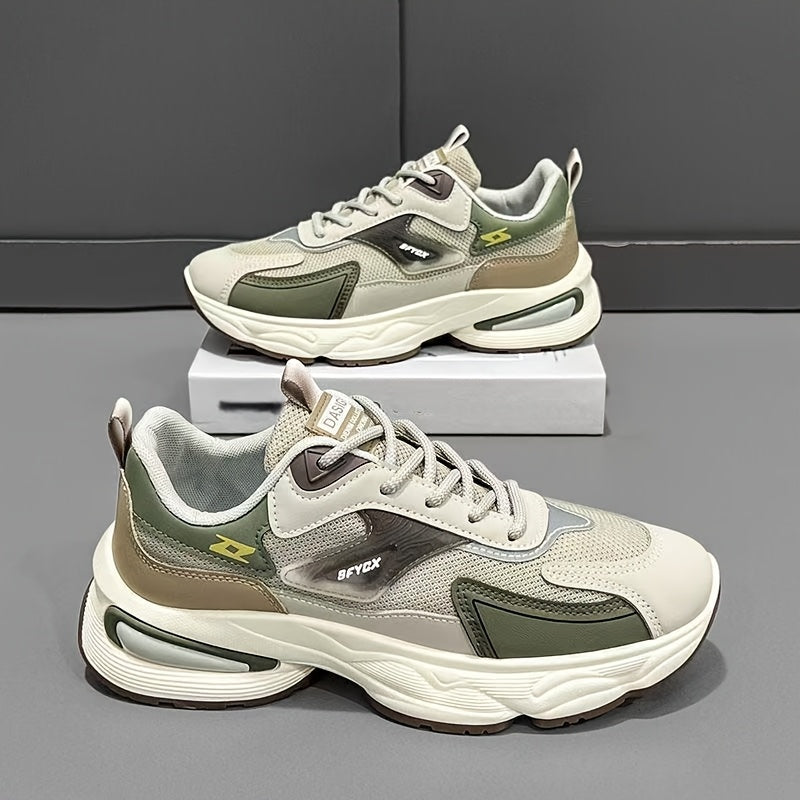 Men'S Casual Sports Shoes - Thick-Soled Lace-Up Sneakers with Synthetic Upper, Cushioned EVA Insole & PVC Sole for Outdoor Hiking, Running, Gym - All-Season Comfort in Beige/Black, Brown/White, Green/White, Versatile Trainers