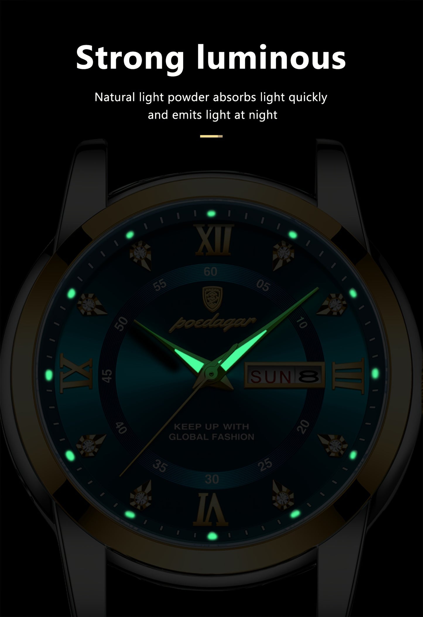 POEDAGAR Men's Luxury Business Quartz Watch - Luminous with Calendar Feature, Stainless Steel Band