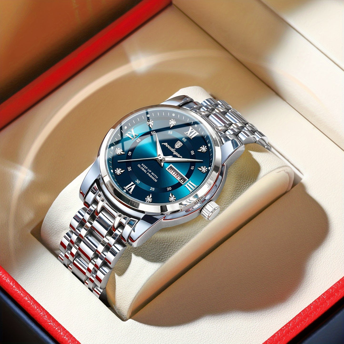 POEDAGAR Men's Luxury Business Quartz Watch - Luminous with Calendar Feature, Stainless Steel Band