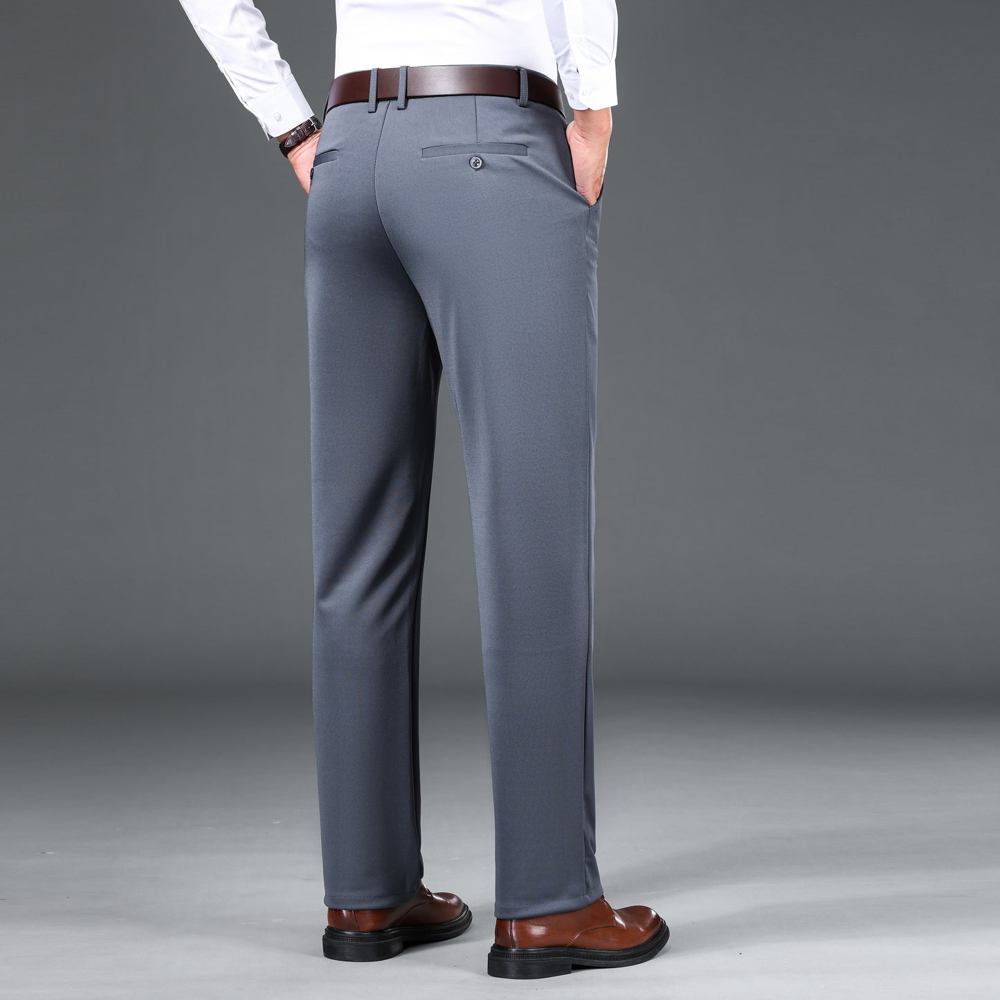 1pc Men'S Warmth Business Casual Pants, Fall/Winter Fleece-Lined Thickened Straight-Leg Trousers with Slant Pockets, Solid Color Knit Fabric Regular Fit Dress Pants with Zipper Closure, Medium Stretch Polyester