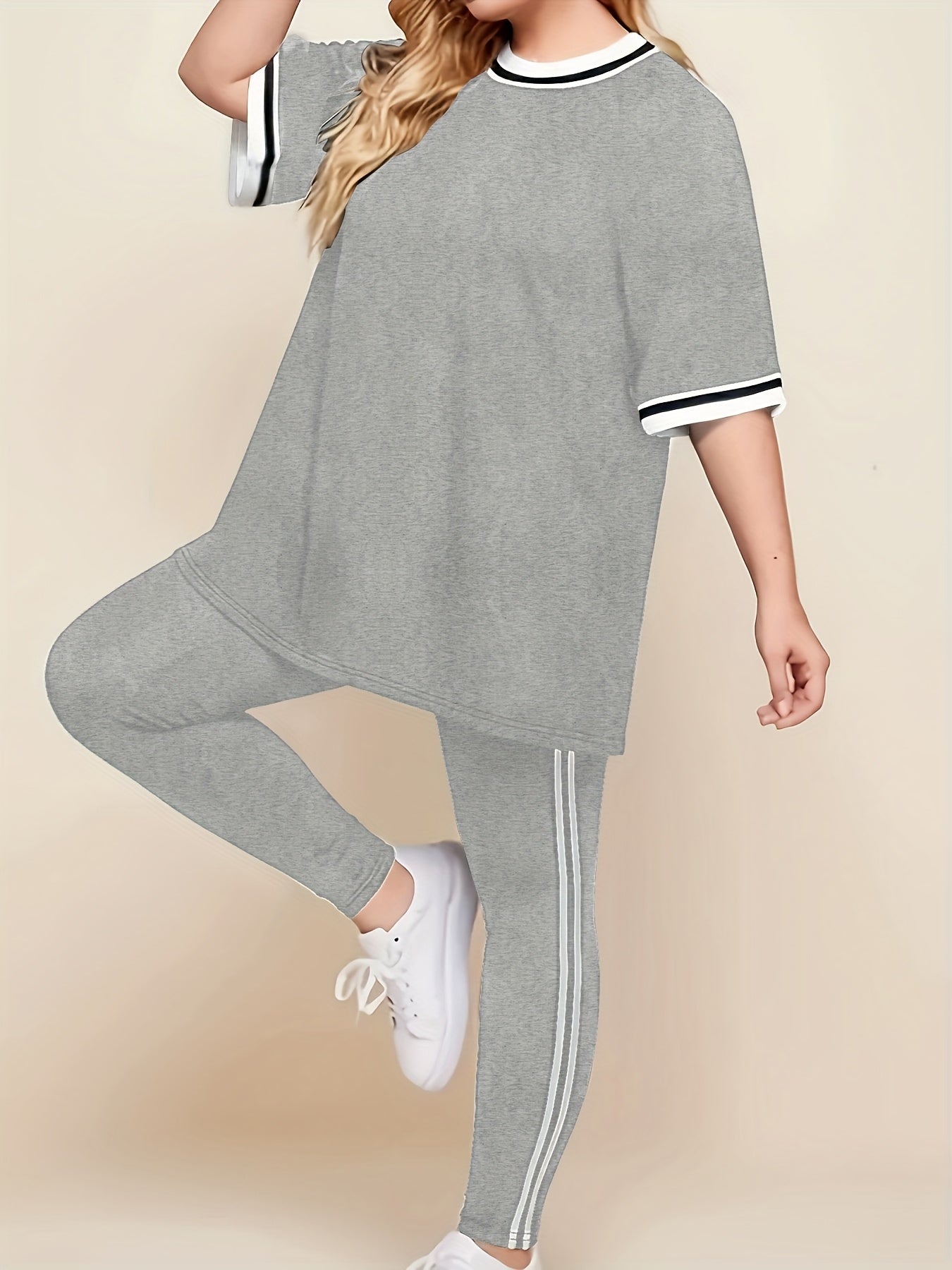 Women'S Plus Size Casual Lounge Set - Gray & White Striped Oversized T-Shirt with Matching Joggers, Comfortable All-Season Home Outfit, Joggers for Women