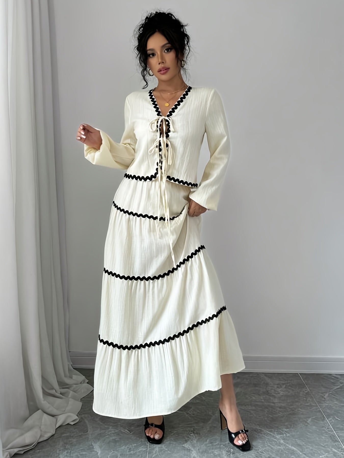 Women'S New Arrival Black and White Ruffled Lace Trim Long Sleeve Shirt with Tie Waist Umbrella Skirt Set, Stylish Elegant Vacation Commute Daily Wear Date Party Two-Piece Outfit Suitable for All Seasons