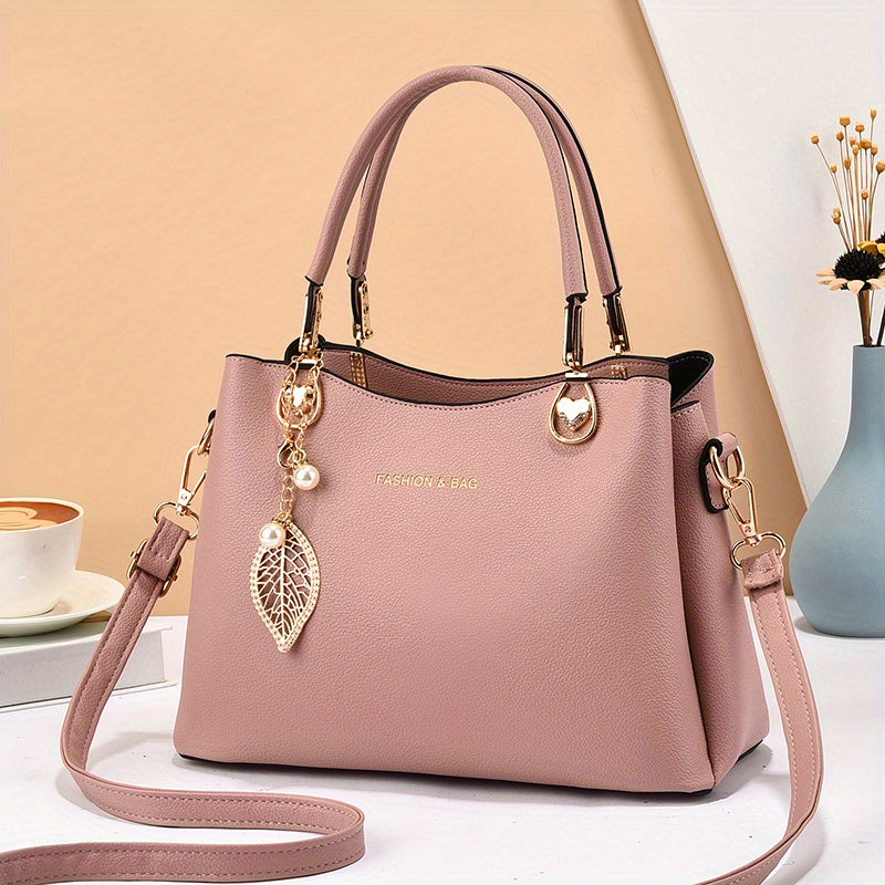 Elegant Wo 's Handbag with Detachable Shoulder Strap, Golden-Tone Hardware & Chic Leaf Charm - Stylish White Satchel for Everyday Use, Casual Chic Bag | Stylish Charm Handbag | Bag