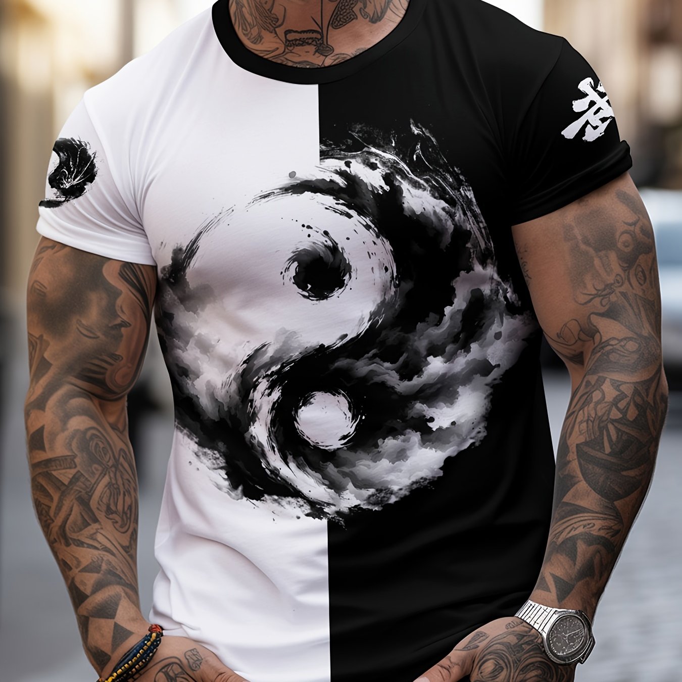 Men'S Yin Yang 3D Print T-Shirt - Casual Crew Neck Polyester Tee, Slight Stretch Knit Fabric, Regular Fit, 100% Polyester Fiber, 100g/m²