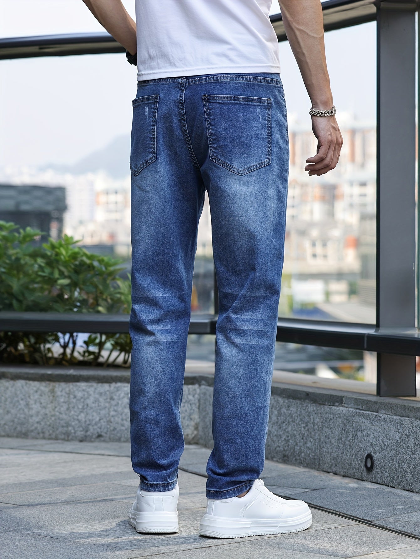 Men's Solid Skinny Cotton Blend Denim Jeans, All Seasons Wearable Medium Stretch Washed Jeans, Suitable For Daily And Outing Wear