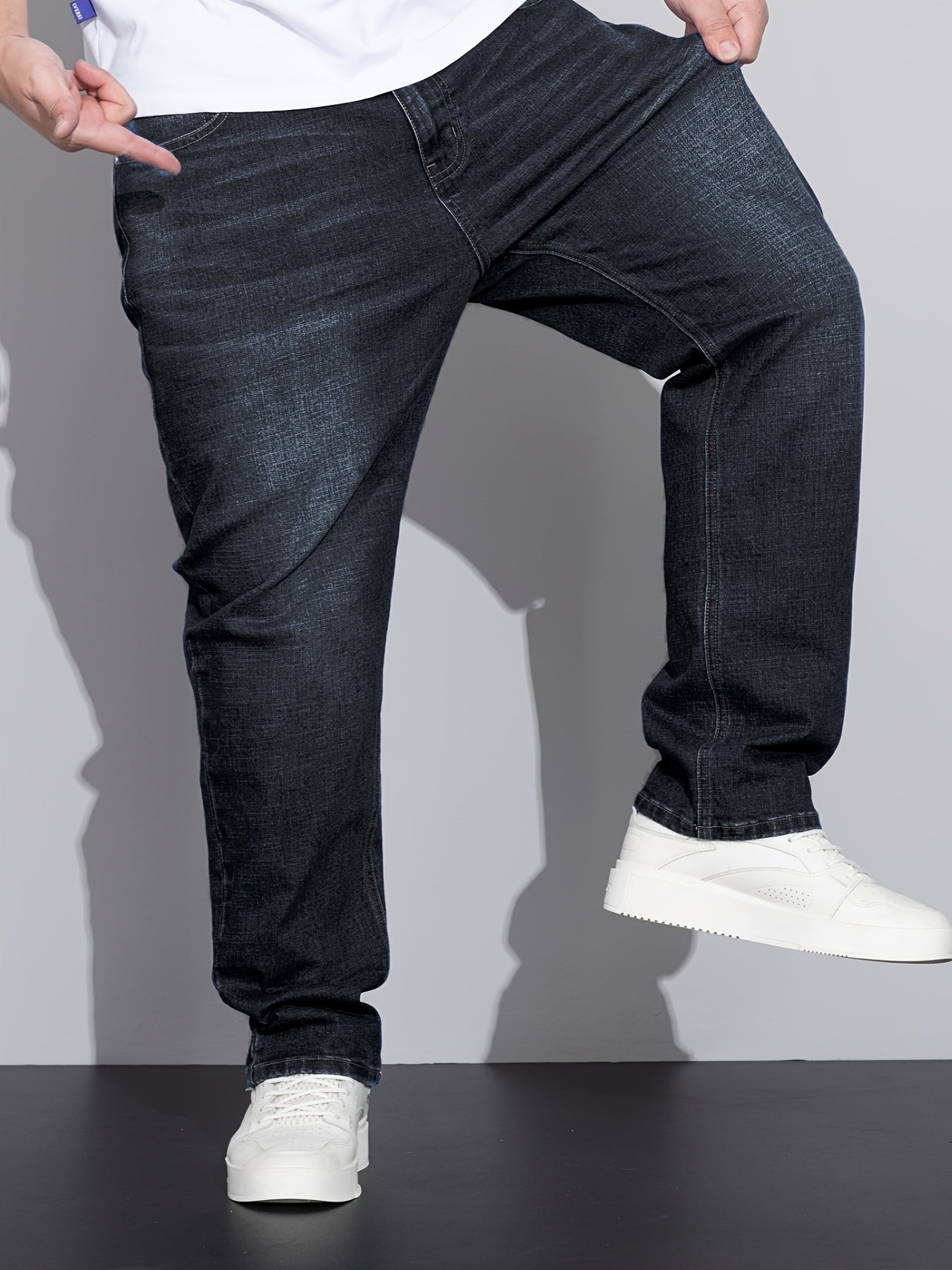 Men's Plus Size Loose Fit Stretchy Cotton Denim Pants, Lightweight Business Casual Jeans For All Seasons