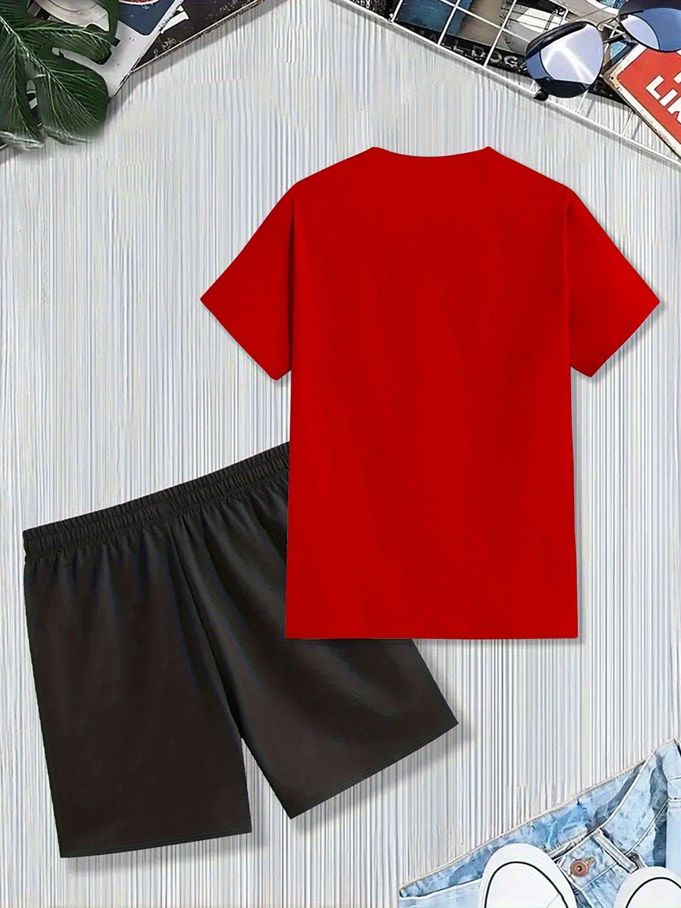 Men'S Summer Casual Sport Two-Piece Set - LADA Letter Pattern Print T-Shirt and Black Drawstring Shorts, Casual Sportswear, Regular Fit - Perfect for Summer Outdoor