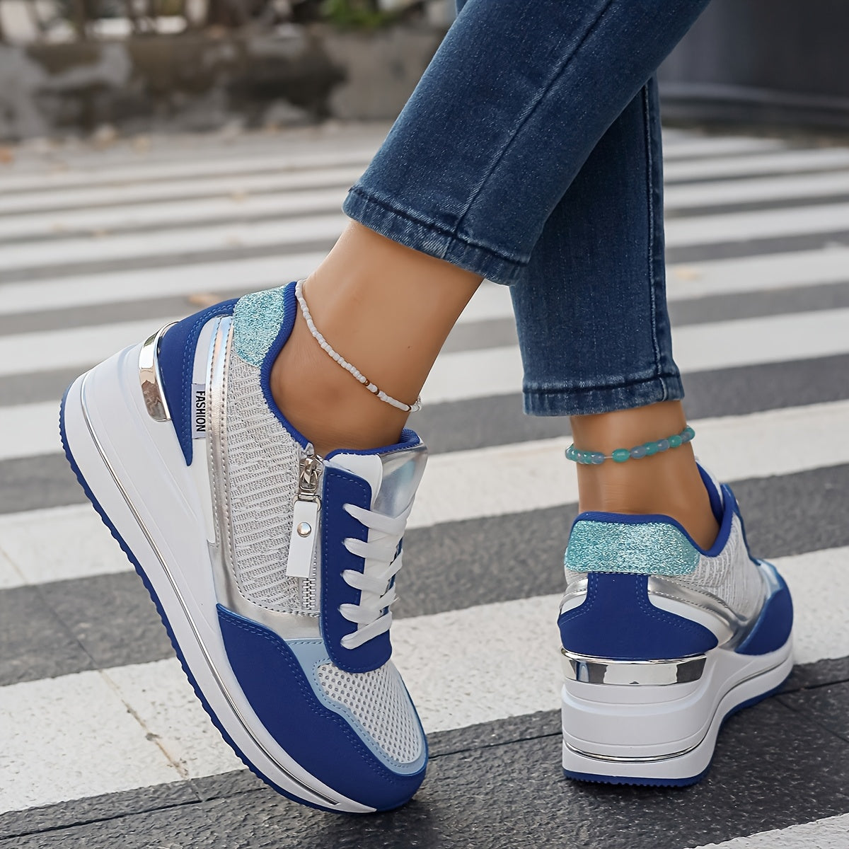 Women'S Fashionable Atmospheric Casual Shoes, Thickened Heightened Non-Slip Anti-Slippery Durable, Blue, with Stabilizing Support, Mesh Fabric Upper, Man Made Materials (Polyurethane) Upper, Fabric Inner, PVC Sole, Fabric Ins