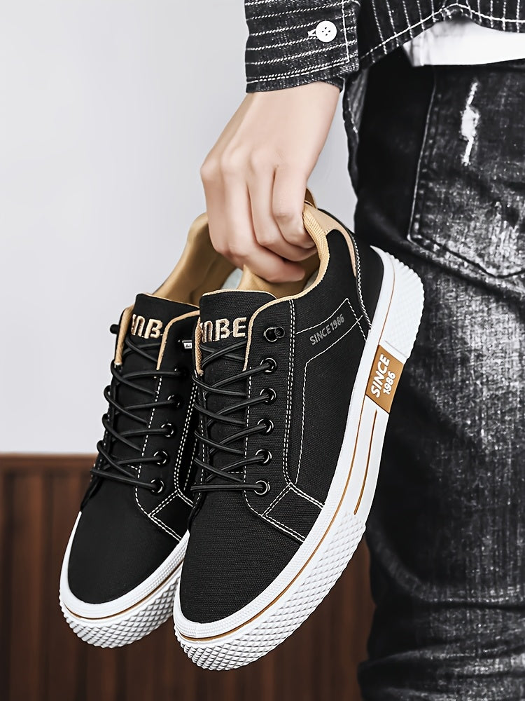 Men's Casual Low-Top Sneakers - Breathable Fabric & Durable PVC Sole, Black & Beige Contrast Design, Lace-Up Round Toe for All-Season Comfort, Versatile for Casual & Semi-Formal Wear, Comfortable Footwear, Fabric Upper