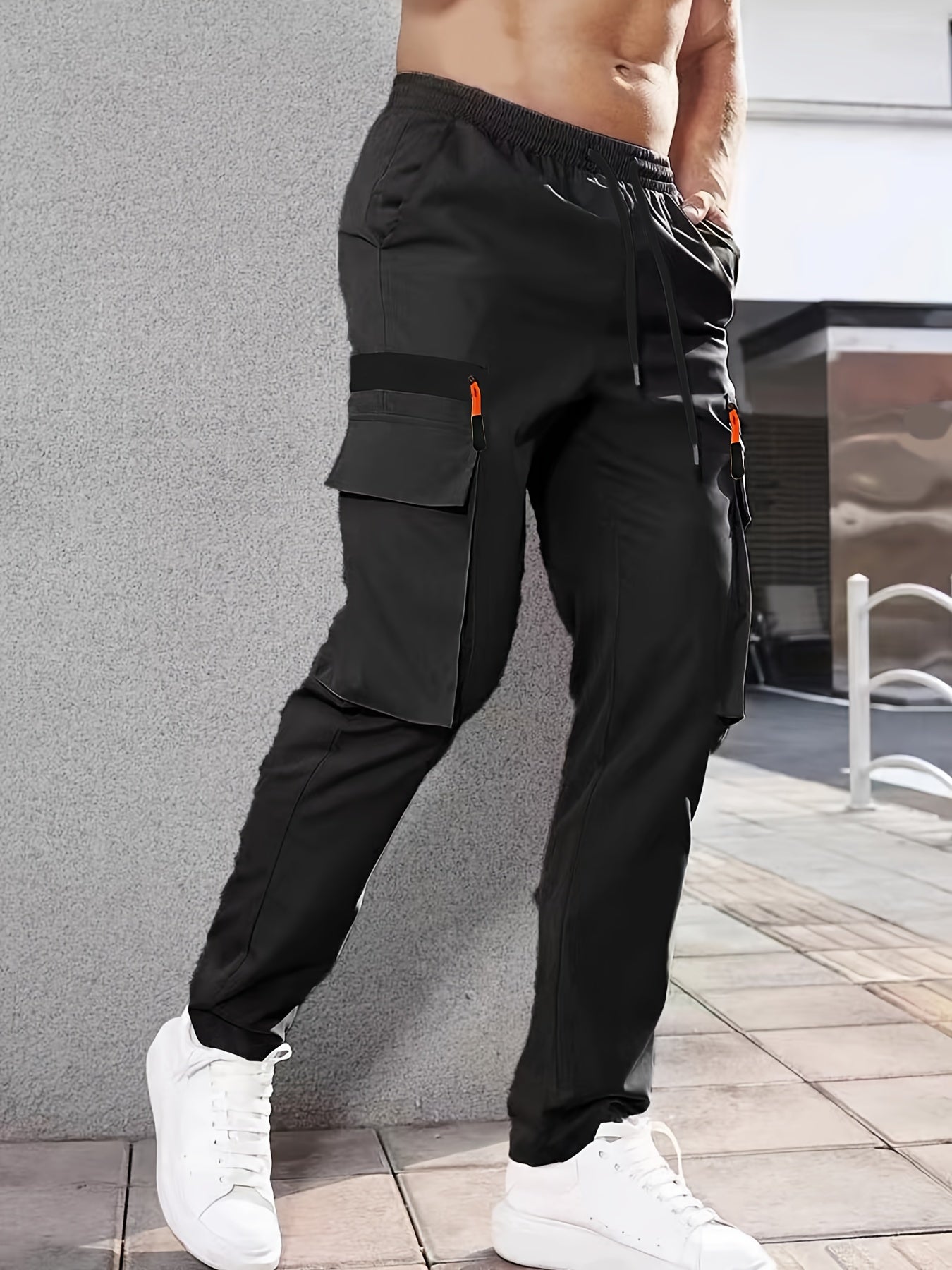 1pc Men'S Fashion Casual Cargo Pants, Solid Color Polyester Non-Stretch Fabric, All-Season Regular Fit with Multiple Pockets, Woven Straight-Leg Trousers for Sports and Leisure