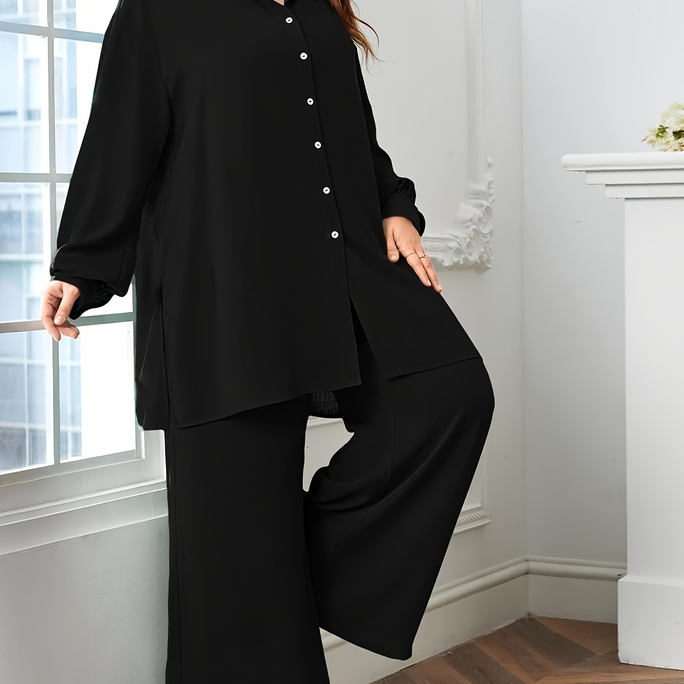 Elegant Plus Size Women'S Two-Piece Set: Stylish V-Neck Blouse & Wide Leg Pants - Perfect for Formal Occasions, Plus Size Blouses