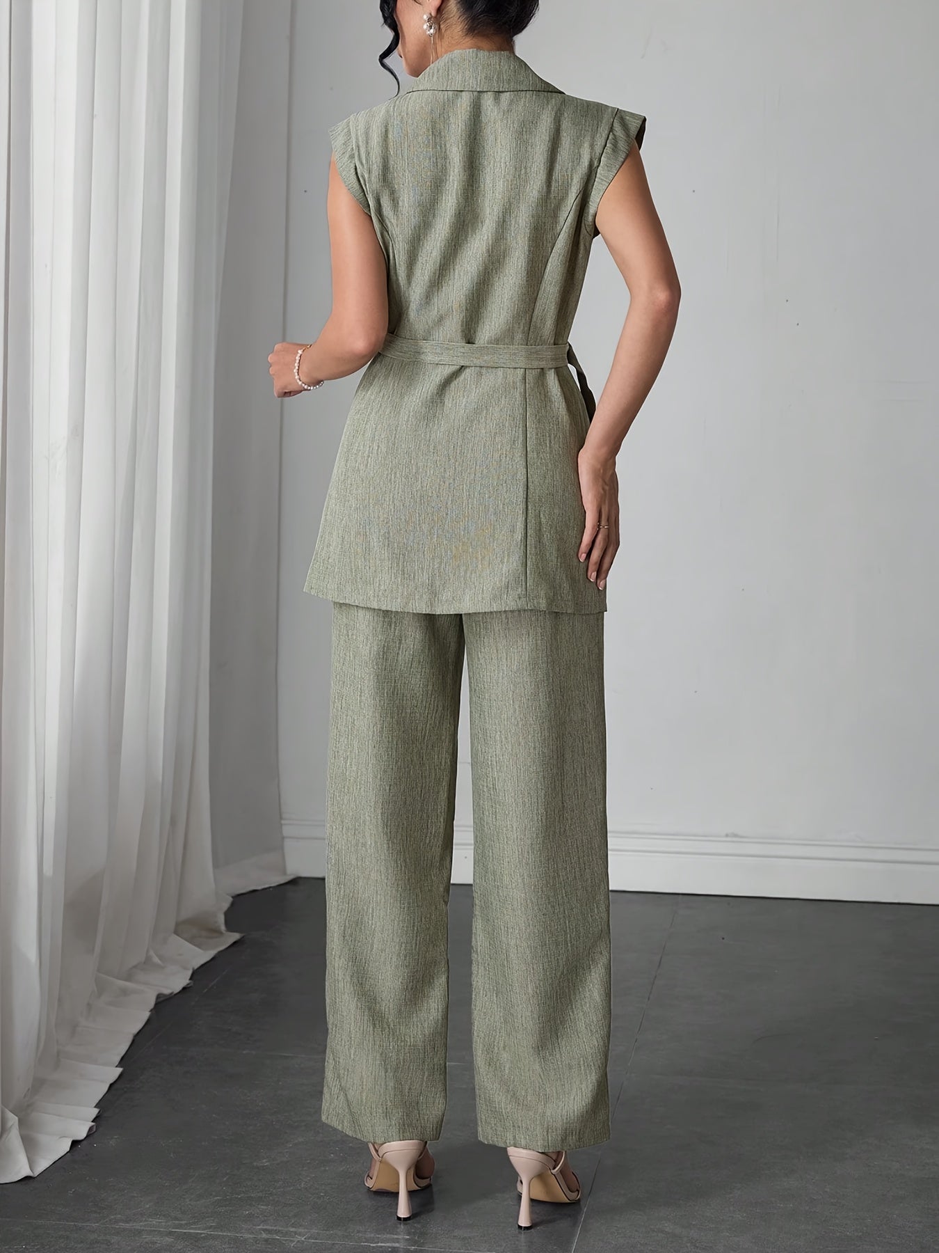 Stylish Women'S Elegant Modern Two-Piece Set with Side-Waist Design, Solid Color Sleeveless Jacket and Pants for Spring/Summer
