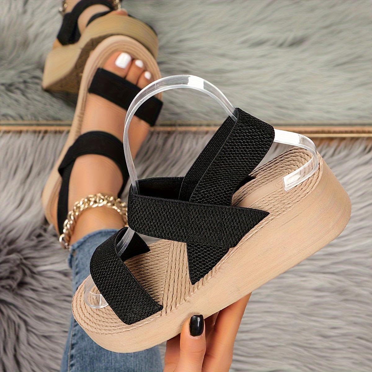 Serene Walk, Women's Summer Wedge Sandals - Comfortable Slip-On Beach Shoes with Elastic Ankle Straps, Round Toe Design, EVA Sole