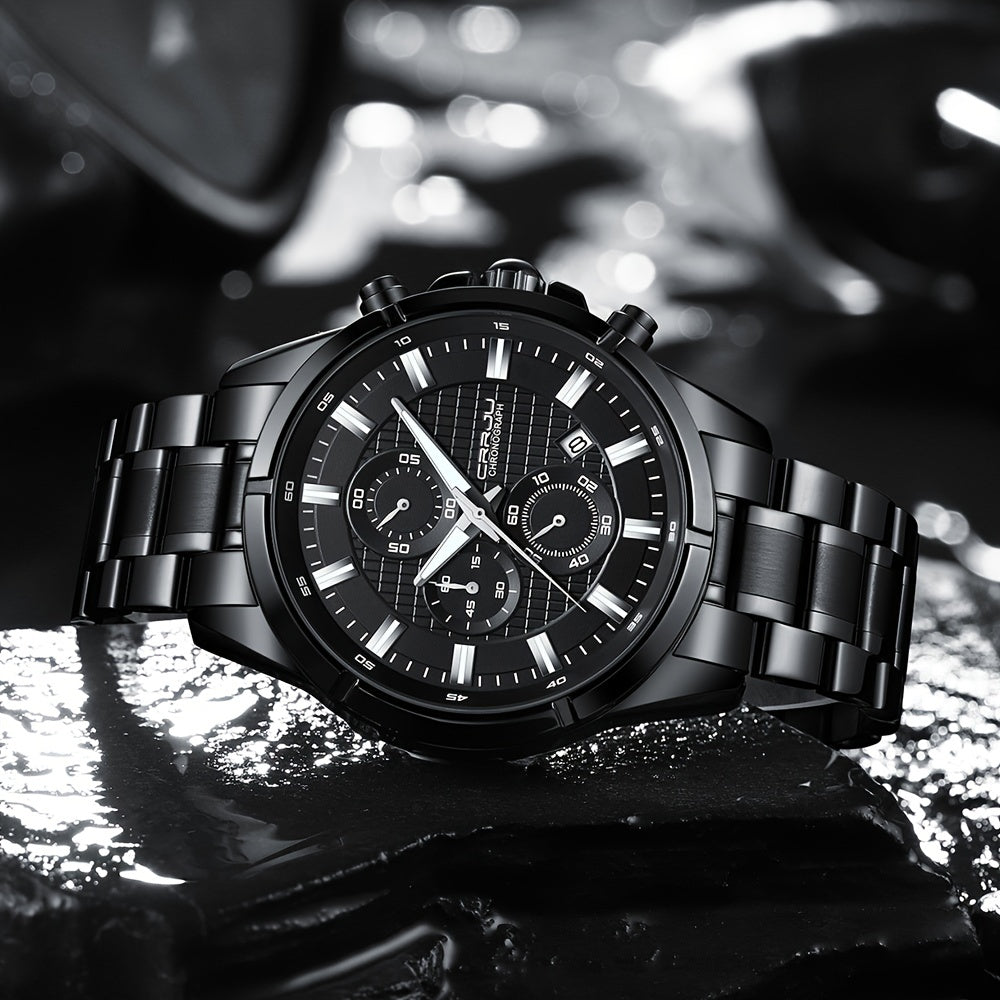 CRRJU Fashion Men's Watch, Business Solid Stainless Steel Multifunctional Chronograph Watch