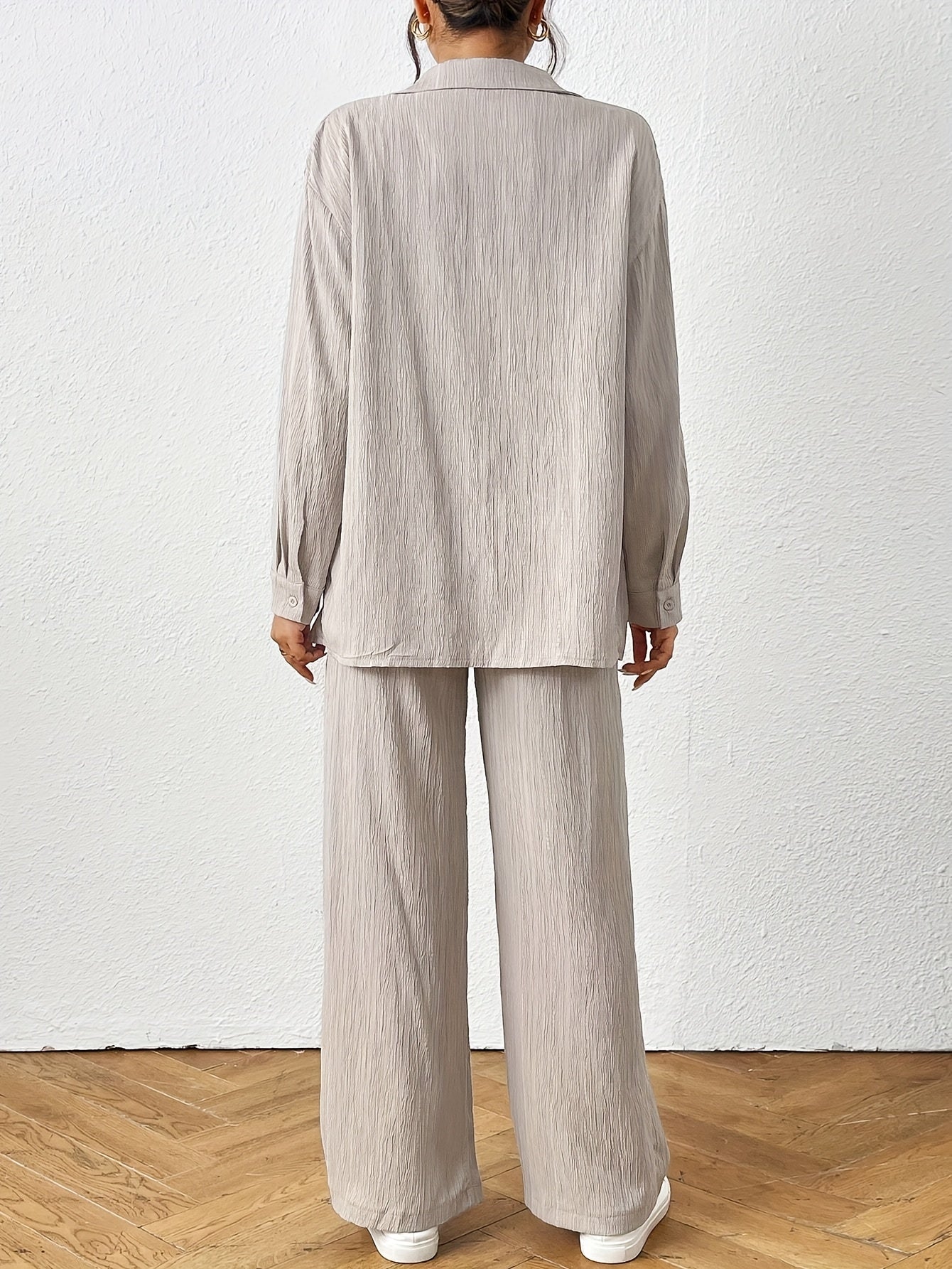 2pcs Women's Spring Autumn Casual Solid Color Long Sleeve Shirt and Pants Set