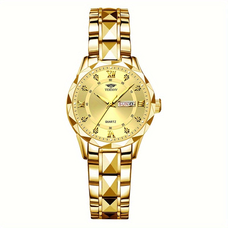 1pc Women's Stainless Steel Watch with Luminous Blue Dial, Date & Day Display, High Quality IPX7, Quartz Movement - Casual Elegant Design for Sports & Travel, Birthday Holiday Gift, Casual Attire, Secure Clasp Wristwatch