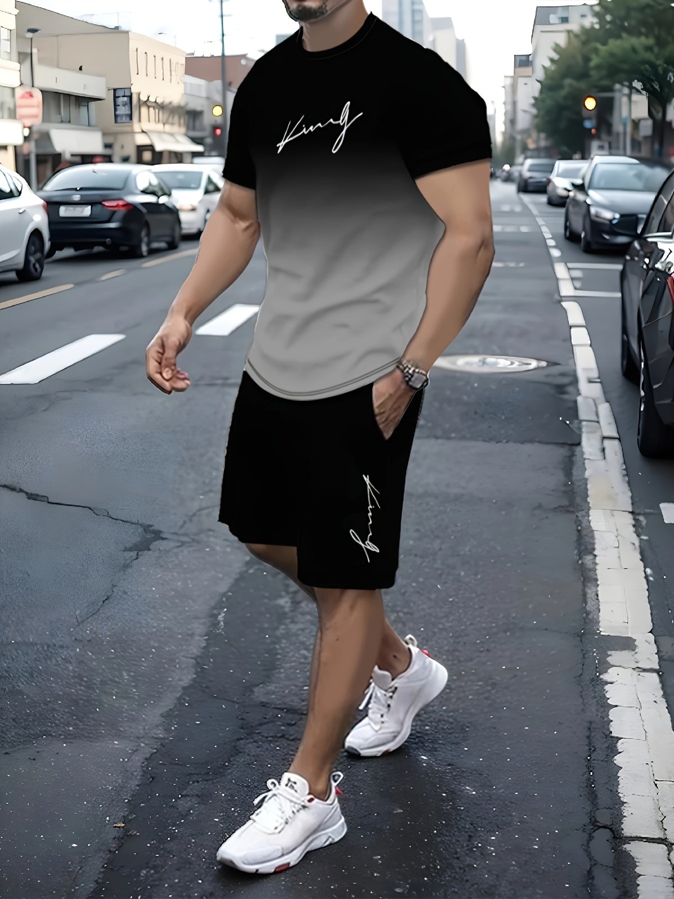 King Signature Men's Two-Piece Athletic Outfit: Graduated Color T-Shirt and Shorts - Summer Collection - High-Quality King Print - Men's Casual Sportswear - Middle East