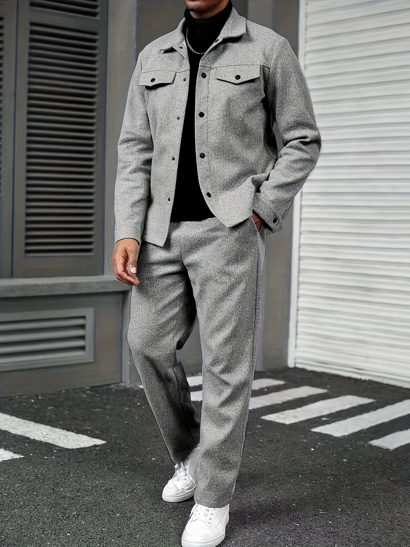 Men'S Two-Piece Casual Outfit - Black Button-Up Shirt & Pants, Long Sleeve, Loose Fit, Non-Stretch Fabric, Perfect for Spring/Fall, Casual Attire|Relaxed Fit|Buttonup Shirt