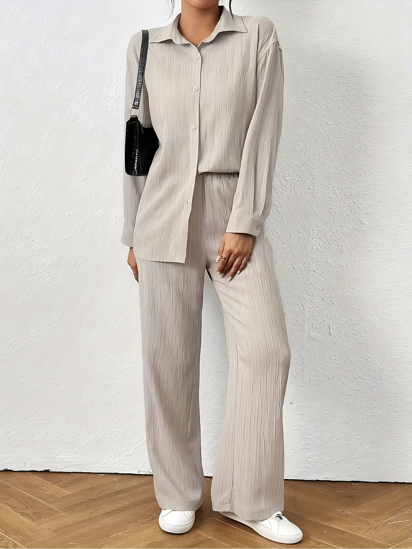 Women'S Casual Solid Color Long Sleeve Shirt + Long Pants 2pcs Set for Spring And Autumn.