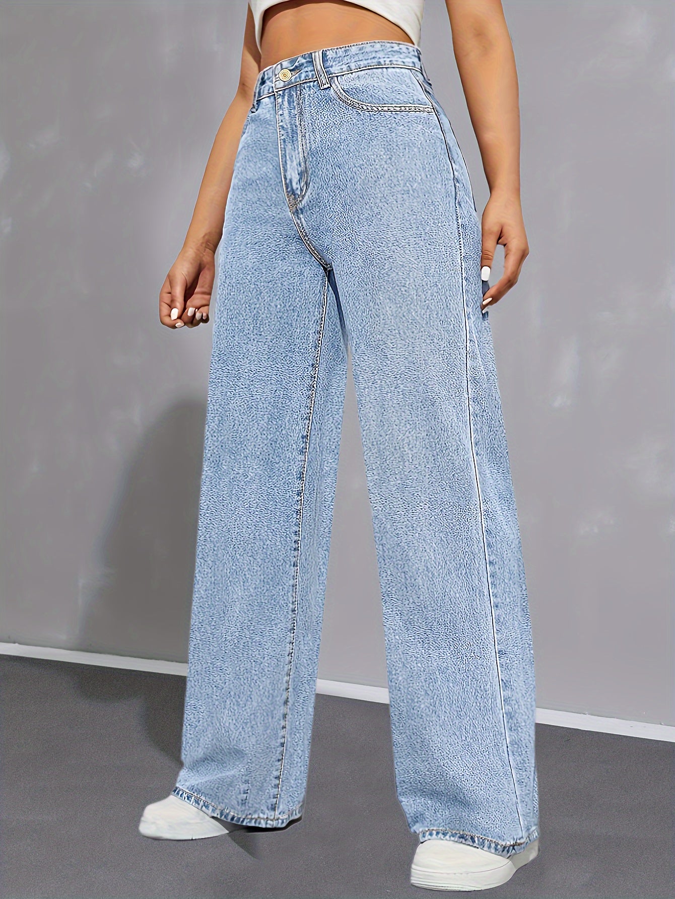 Women's High-Waist Light Blue Denim Wide-Leg Jeans with Elastic Waistband - Casual, Non-Stretch, Button Closure, Perfect for All Seasons
