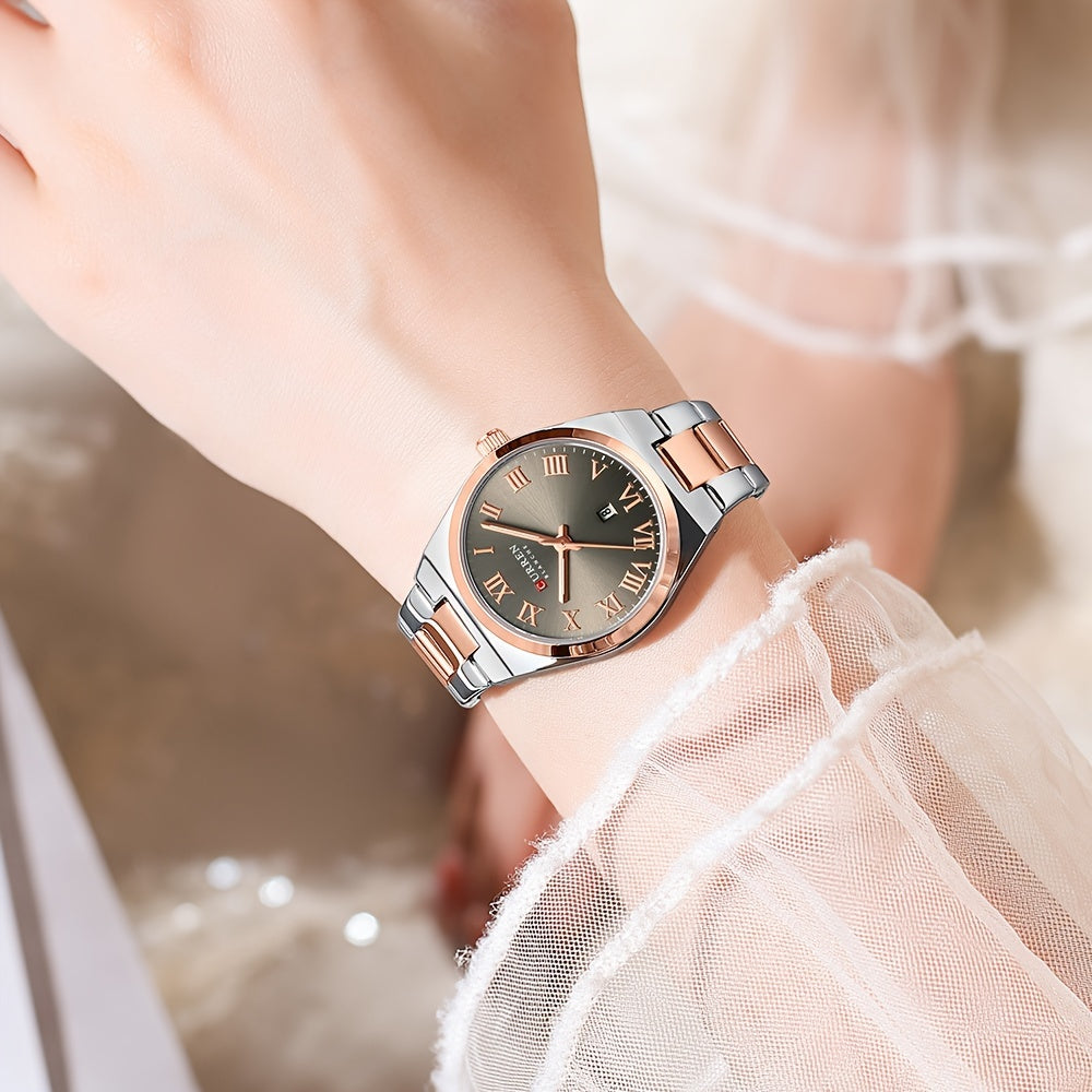 Fashionable Brand Of CURREN Ladies' Watches With A Casual And Simple Stainless Steel Strap, Featuring A Calendar And Quartz Movement.