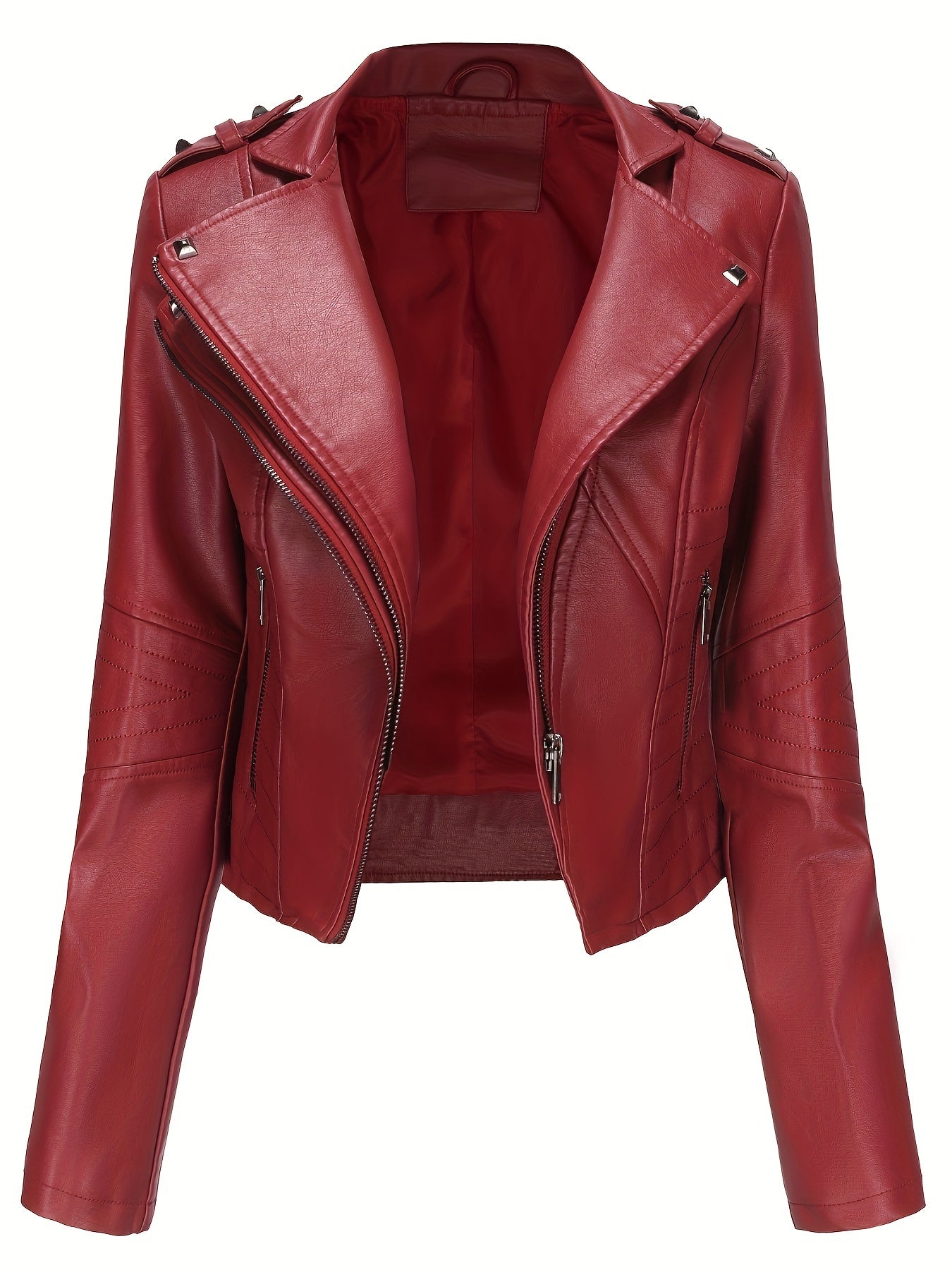 Women'S Casual Faux Leather Jacket, Solid Color, Long Sleeve, Regular Length, Fall/Winter, Zipper Placket, Woven, Non-Stretch Fabric, 100% Polyurethane, Lapel Collar, Dipped Hem Detail