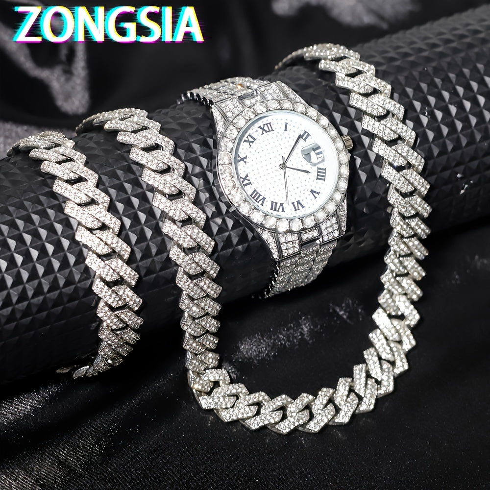 ZONGSIA Hip Hop Watch & Jewelry Set - Luxury Rhinestone-Encrusted Quartz Watch with Matching Bracelet and Necklace, Classic Male Fashion, PC Case, Alloy Strap, Electronic Drive, Non-rechargeable Button Battery, ZONGSI