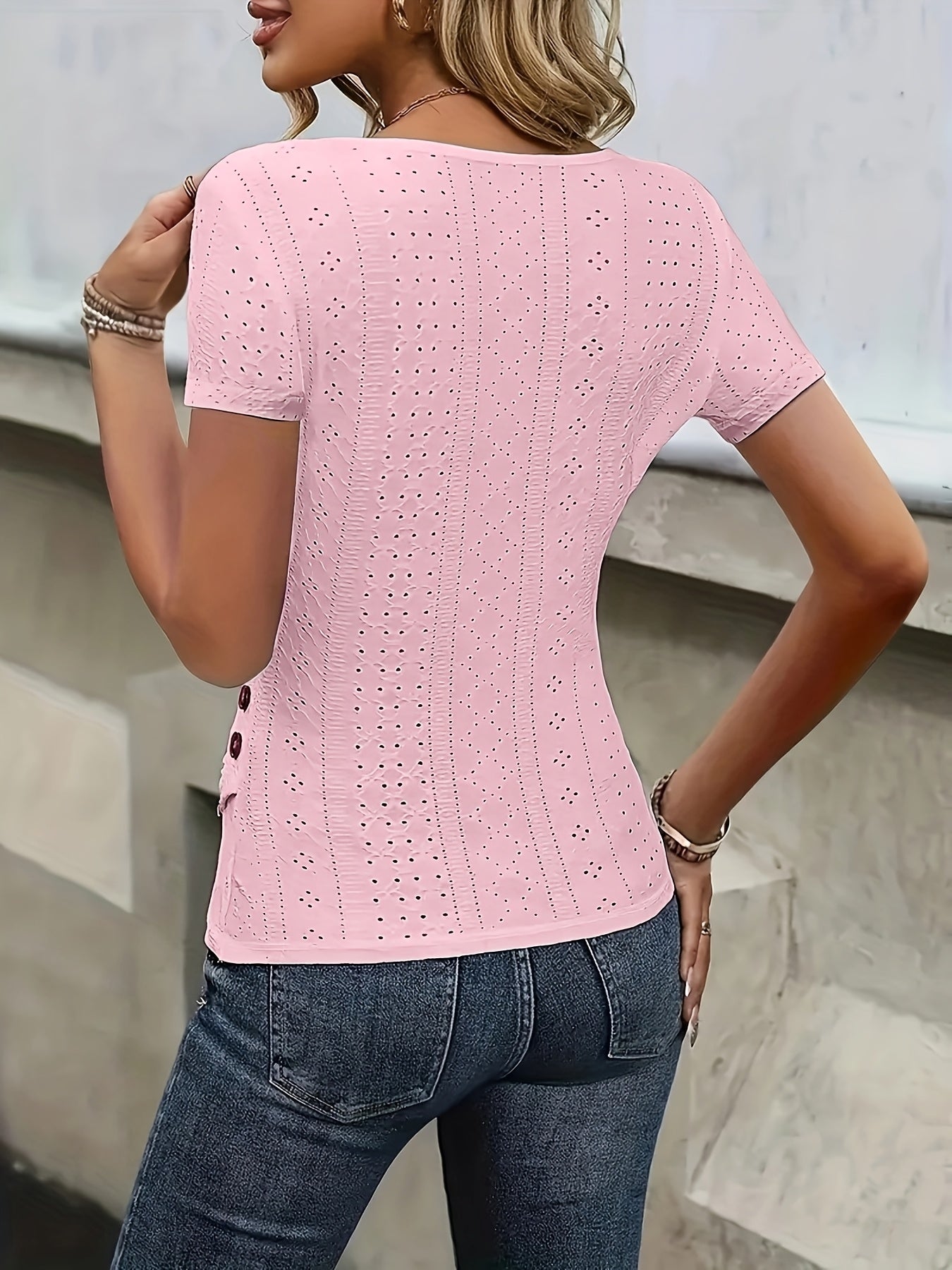 Women's Elegant Deep V-Neck Short-Sleeve Shirt with Cut-Out Details and Button Accents, Breathable Polyester Spring/Summer Top, Perfect for Casual or Formal Wear, Nian Nian Women's Shirts