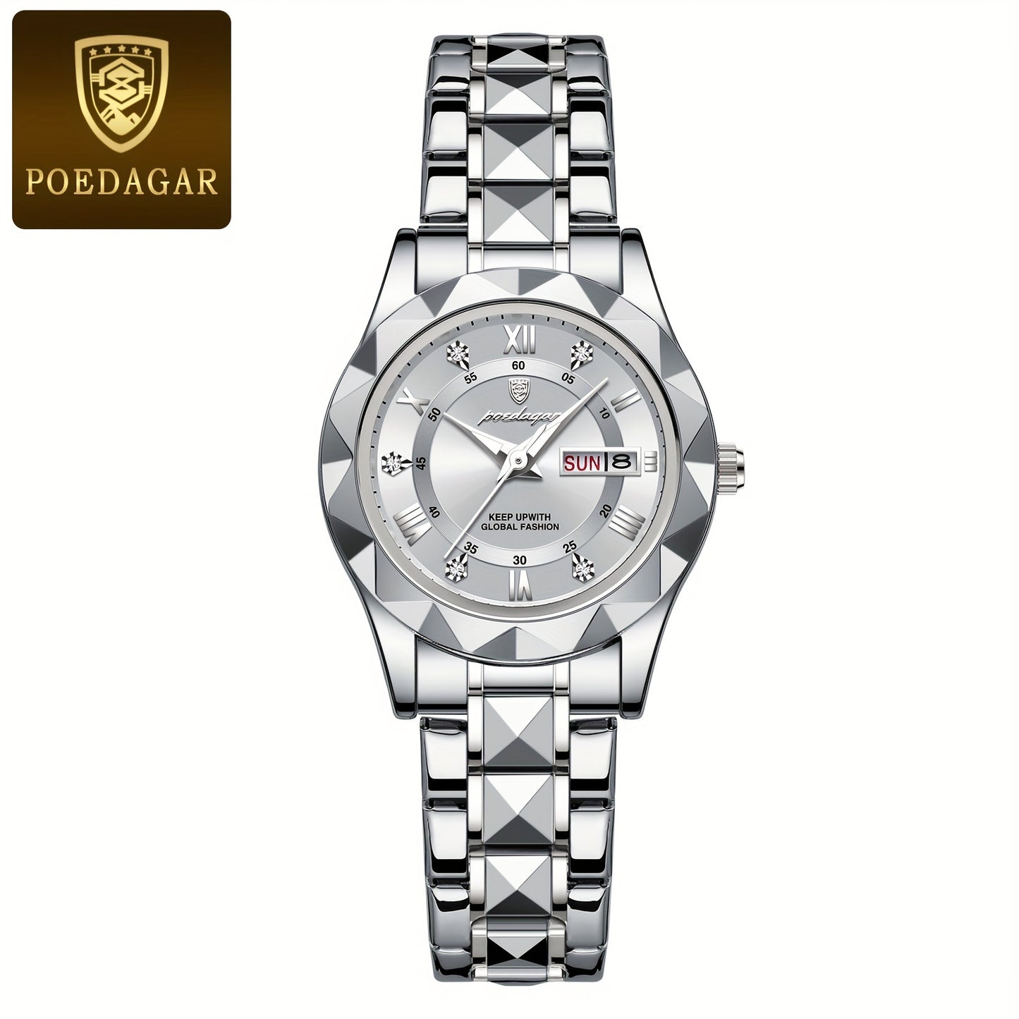 POEDAGAR Women's Elegant Stainless Steel Quartz Watch with Luminous Blue Dial, Roman Numerals, Date Calendar, IPX7 High Quality & -Accented Band for Casual & Formal Wear