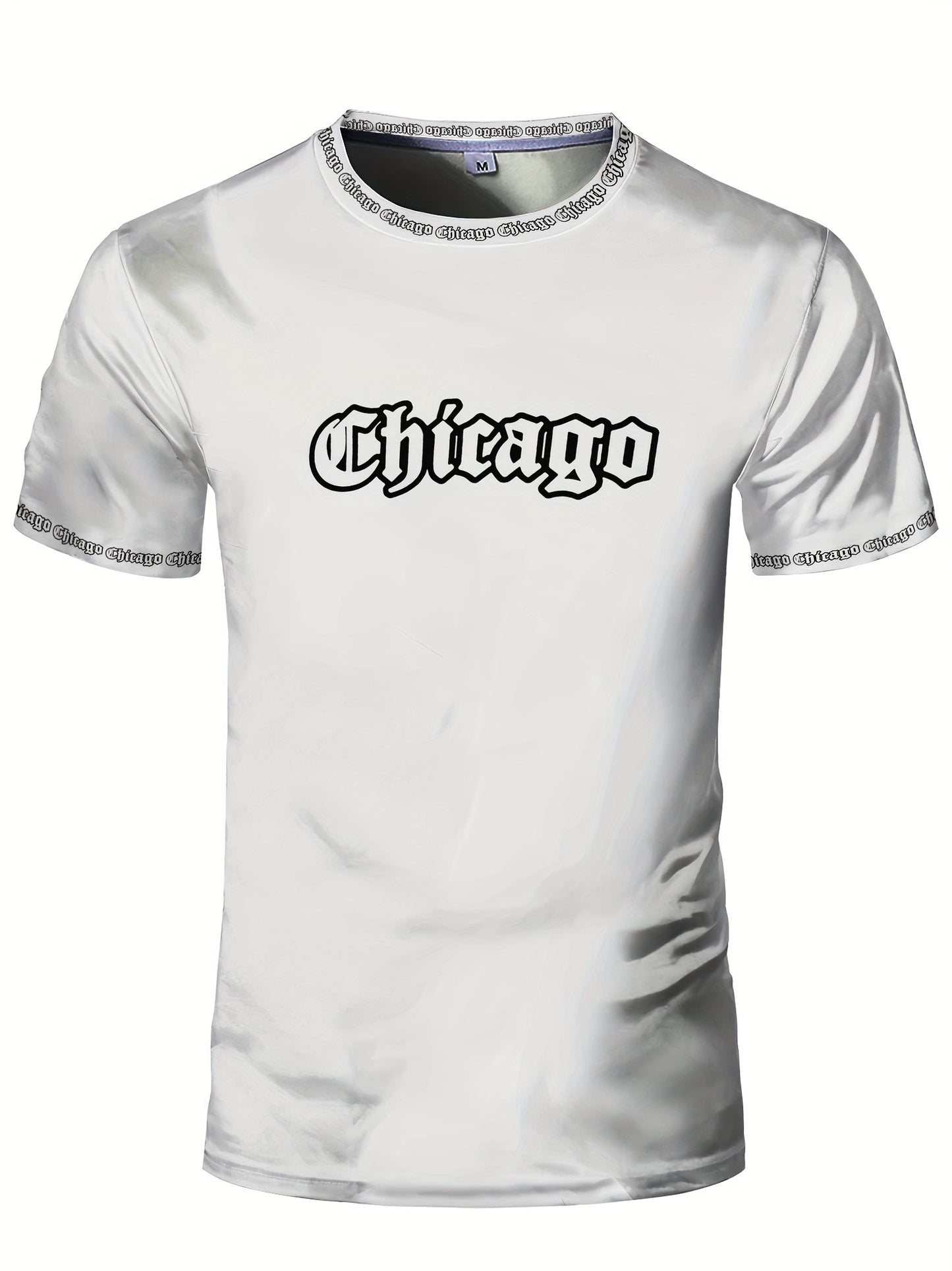 Men'S Chicago Print T-Shirt, Polyester-Spandex Blend, Crew Neck, Short Sleeve, Geometric Pattern, High Stretch, Tear Resistant, Sports & Casual Style, Summer Fit Top for Training, Yoga, Hiking & Festive Occasions
