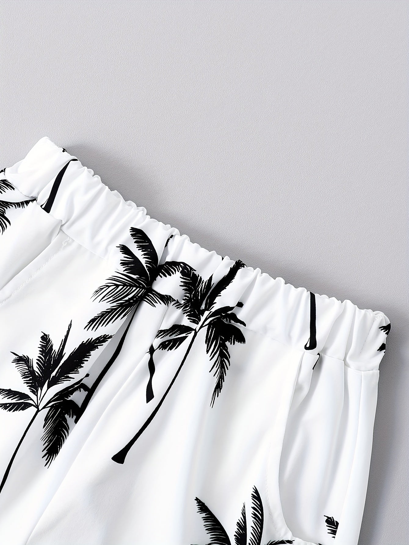 2pcs Boys Casual Coconut Tree Graphic Print Short Sleeve Lapel Shirt & Shorts Set, Comfy Summer Boys Clothing For Daily & Outdoor Wear