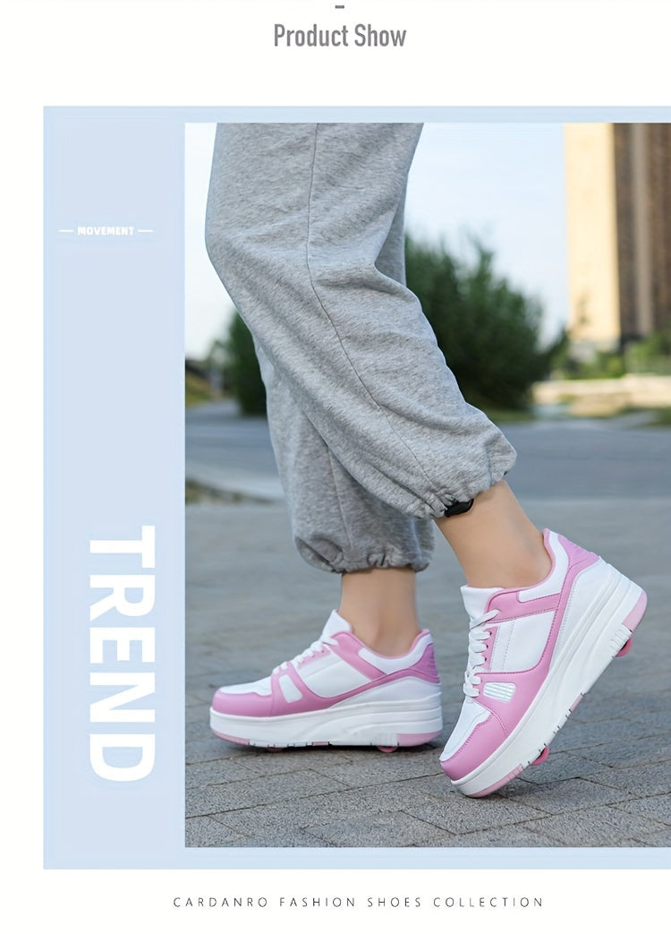 Kids Unisex Skateboard Shoes, 8-Wheel Removable Roller Skates, Plaid Fabric Low Top Sneakers, Lace-Up, TPR Sole, Fabric Insole, for Hiking & Casual Wear, Suitable for Boys & Girls Ages 14 and Under, All-Season
