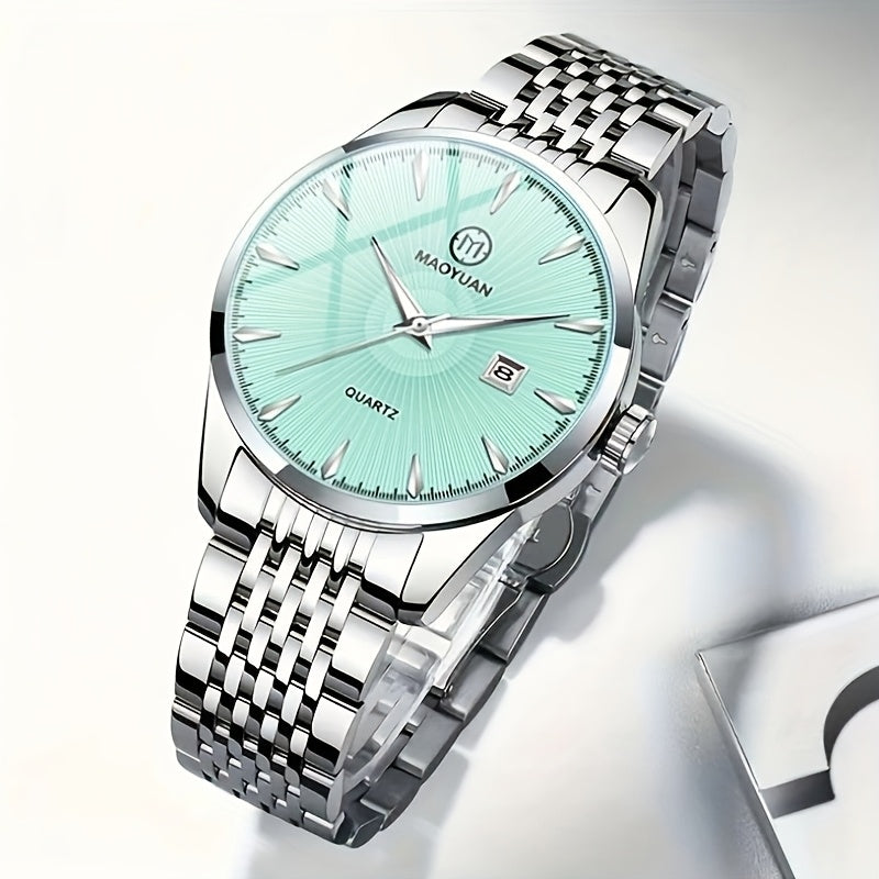 MAOYUAN Men'S Luxury Stainless Steel Quartz Watch with Date Display and Luminescent Hands - Elegant Green Dial, Metal Bracelet, Perfect for Business and Casual Attire, Ideal Gift for Men, Casual Watch | Elegant Watch | Quartz