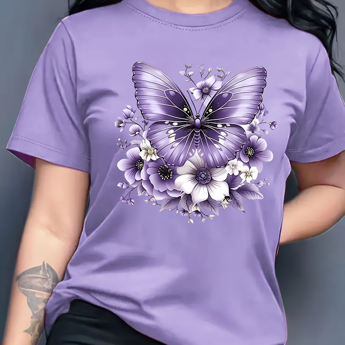 Women'S Floral Butterfly Print T-Shirt, Short Sleeve Crew Neck Casual Top for Spring & Summer, Vibrant Green with White & Blue Flowers, Perfect Birthday or Holiday Gift, Everyday Fashion | Vibrant Casual Top | Glossy Texture