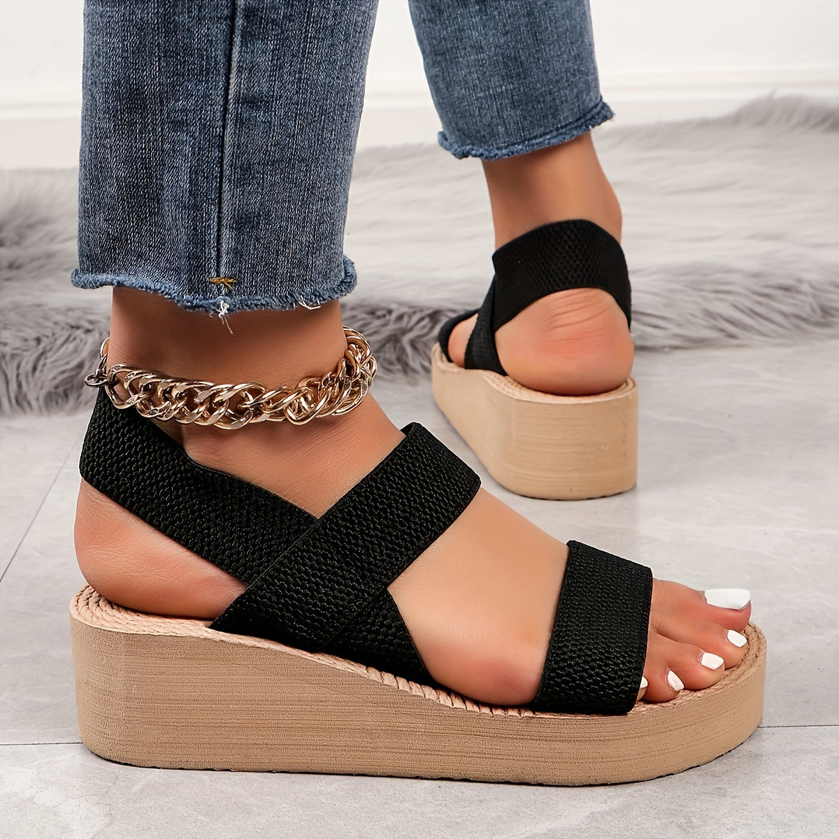 Serene Walk, Women's Summer Wedge Sandals - Comfortable Slip-On Beach Shoes with Elastic Ankle Straps, Round Toe Design, EVA Sole