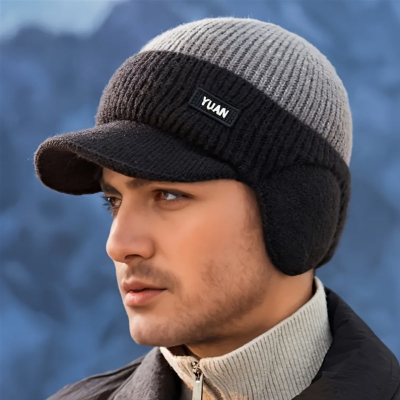 Men'S Winter Ear-Protecting Knitted Cap with Fleece, Warm Duckbill Hat for Outdoor Youth Cycling in a Color-Block Design.
