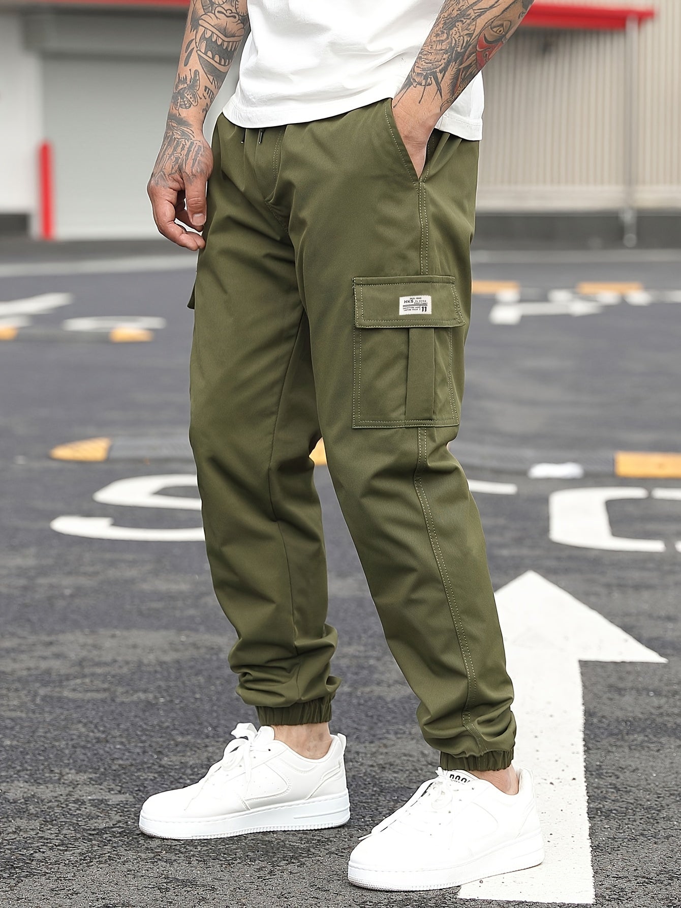 1pc Men'S Casual Polyester Cargo Pants - Mid Waist Elastic Joggers with Multiple Pockets, Non-Stretch Solid Color, Regular Fit for Weekend Wear - Spring/Fall Fashion Trousers