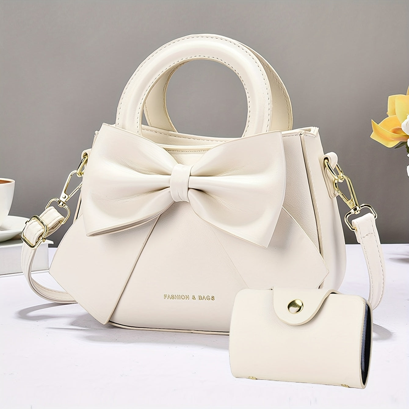 FIDM Women'S Chic Beige Crossbody Bag with Bow Detail - Versatile Synthetic Faux Leather Shoulder Purse with Zipper Closure, Elegant Design for Casual or Formal Occasions, Casual Shoulder Bag | Elegant Women'S Accessory | Syn