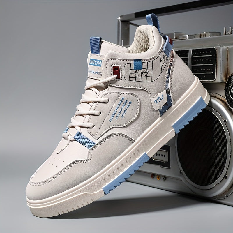 Men's Skate Shoes with Good Grip & Breathable Design - PU Upper, Cushioned PVC Sole, Black/Blue Letter Pattern Lace-Up Sneakers for All-Season Casual & Sports Wear, Allseason Shoes | Modern Casual Shoes | Comfortable Wear