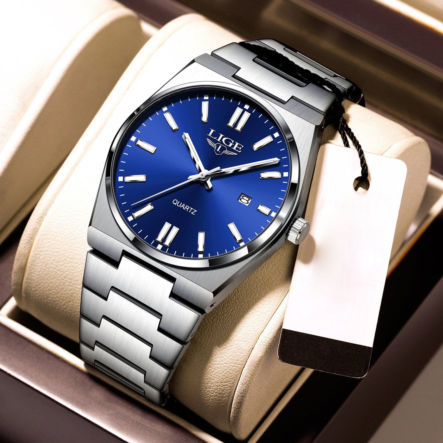 LIGE Stainless Steel Sports Watch for Men and Women - Dual Display Digital & Quartz Movement, Blue Dial, Rotating Bezel, Date Display, Metal Bracelet, Gift Box Included, Watch Accessories, LIGE