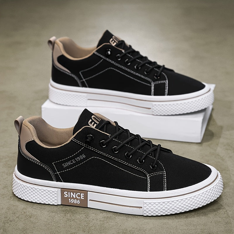 Men's Casual Low-Top Sneakers - Breathable Fabric & Durable PVC Sole, Black & Beige Contrast Design, Lace-Up Round Toe for All-Season Comfort, Versatile for Casual & Semi-Formal Wear, Comfortable Footwear, Fabric Upper
