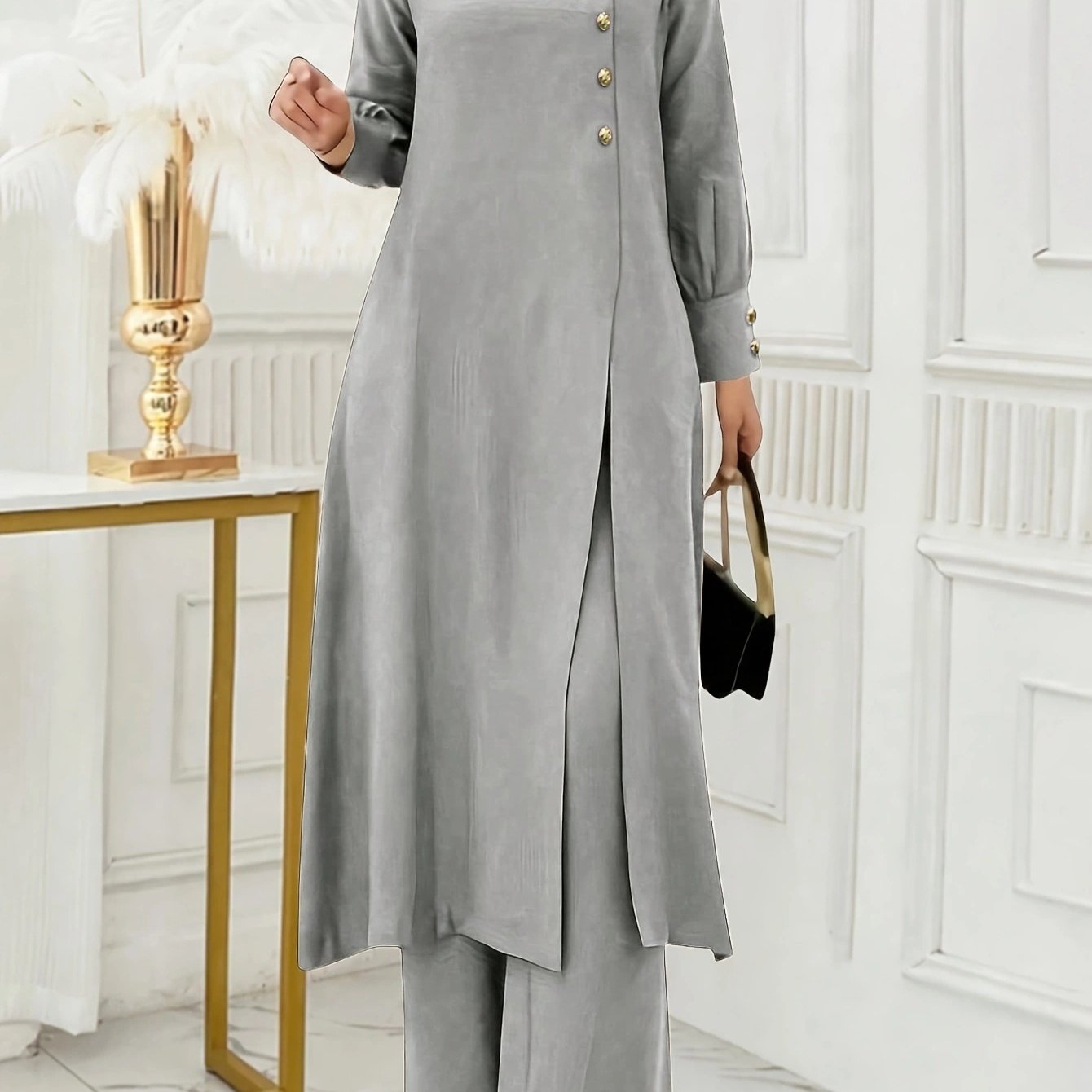 Ramadan, Women's Front-Button Long Sleeve Slit Dress & Pants Casual Arabic Style 2pcs Set, Only Clothes, Without Headscarf