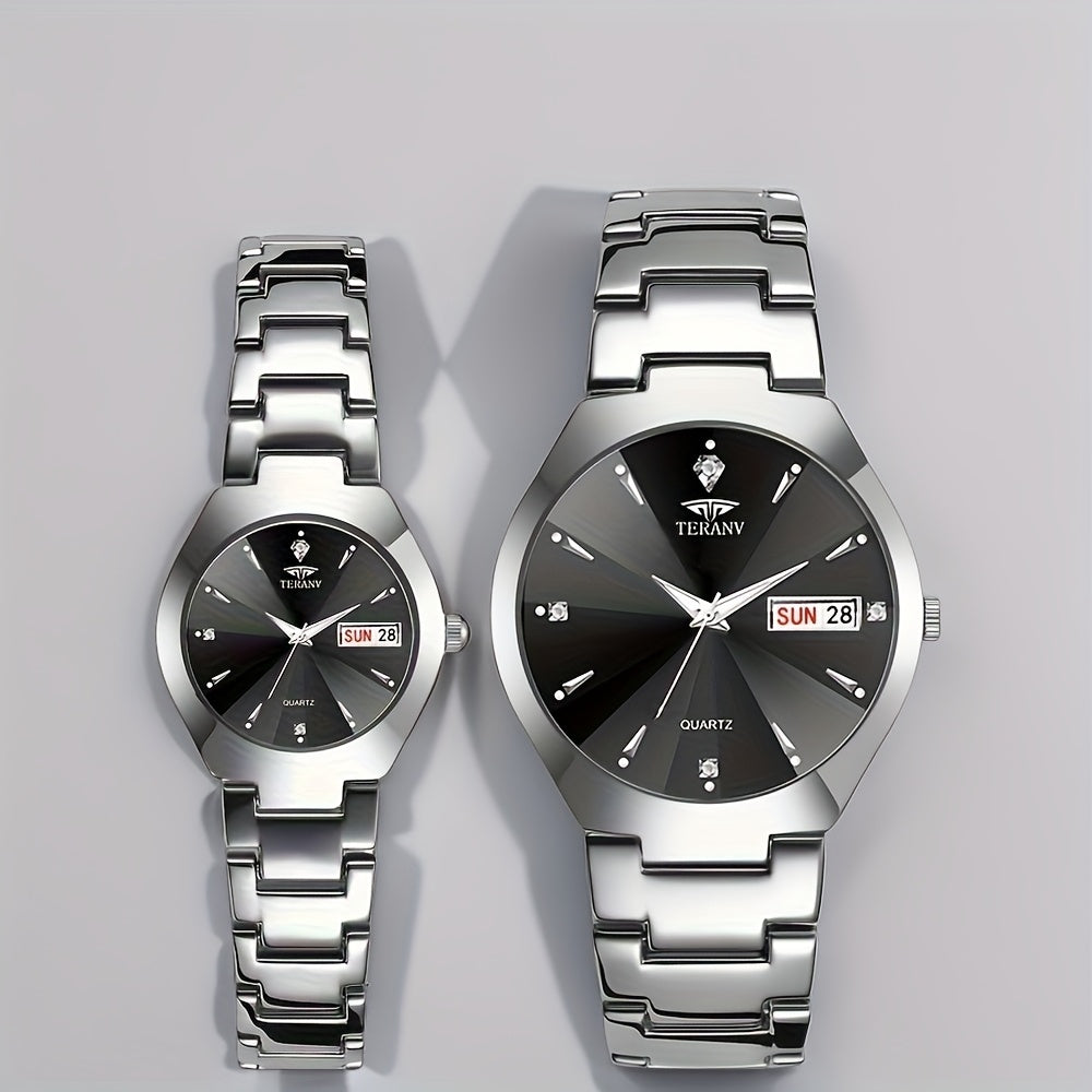 2pcs Couple Watches for Men & Women - Stainless Steel Strap, Rhinestone Accents, Luminous HD Display with Week Calendar, Quartz Movement, Elegant Gift for Valentine's Day, Mother's Day, Father's Day, Special Occasion Watch |