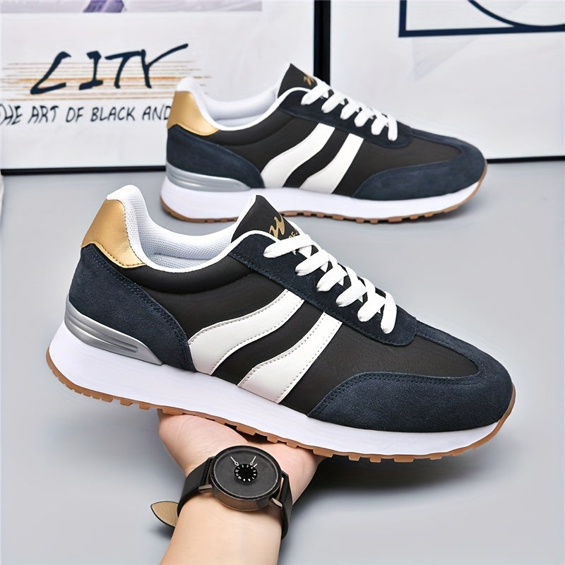 AOPLUS Men's Breathable Casual Running Shoes - Lightweight Low-Top Sneakers with PU Upper & Rubber Sole, Black & White Design for Training, Gym, Casual Attire