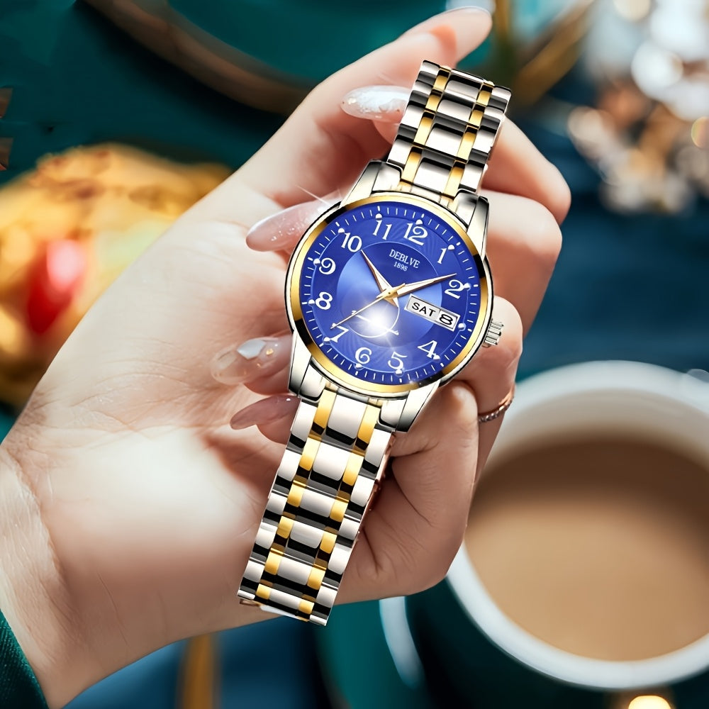 DEBLVE Women'S Watch - Glowing Face, Steel Strap, Week Calendar Display, Perfect Present for Birthdays, Celebrations, And Anniversaries