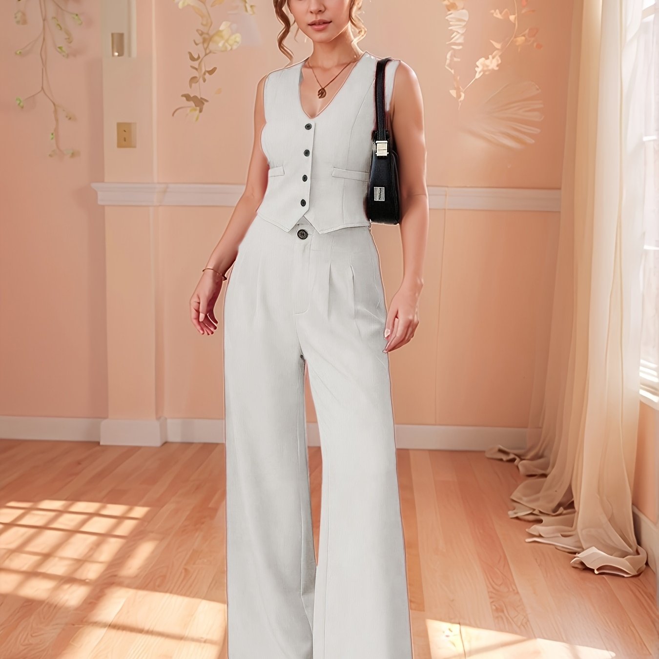 Design-Savvy Red Mini-Chic Sleeveless Suit Vest and Wide-Leg Pants Two-Piece Set